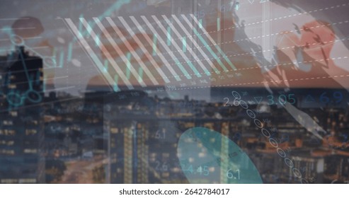 Displaying financial data overlaying urban skyline at dusk, with bar graphs, line charts and map. Futuristic, urban, digital, analytics, financial, technology, data visualization