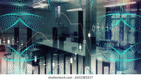Displaying financial data overlays floating over office space, showing candlestick and bar graphs. Futuristic, analytical, digital, corporate, high-tech, abstract, business