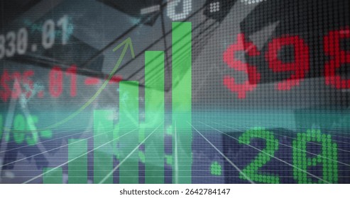 Displaying financial interface, showing green bar chart and upward arrow on LED grid ticker numbers. Analytics, technology, futuristic, data visualization, investment, digital, electronic