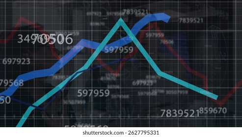 Displaying financial line chart trending on dashboard interface, with teal line, blue line, numbers. Analytics, data visualization, digital interface, graph, technology, investment, finance