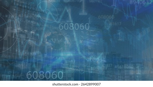 Displaying financial overlay covering city skyline at dusk, with translucent charts and tickers. Financial, technology, data, analytics, urban, innovation, digital