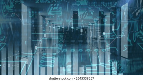 Displaying financial visuals over server racks in server room corridor, including binary code. Futuristic, technology, analytics, cybersecurity, digital, industrial, innovative