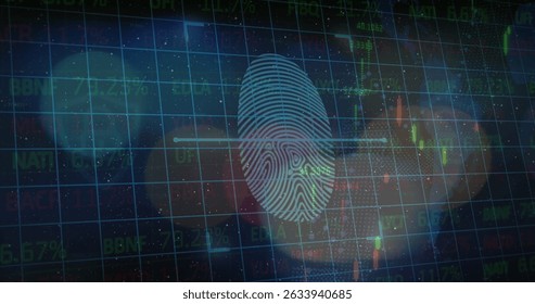 Displaying fingerprint line scanning on security screen, with stock grid and candlestick chart. Cybersecurity, finance, digital, biometric, analytics, data visualization, control room