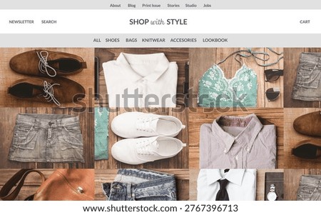 Displaying flat ecommerce layout with nav menus and nine-item flat-lay fashion grid on wooden plank. Minimalist, modern, stylish, commercial, fashion, lifestyle, organized
