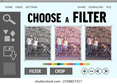 Displaying flat editor UI on pale blue showing sidebar icons, filter swatches and couple by bike. Digital, interface, software, creative, design, colorful, modern