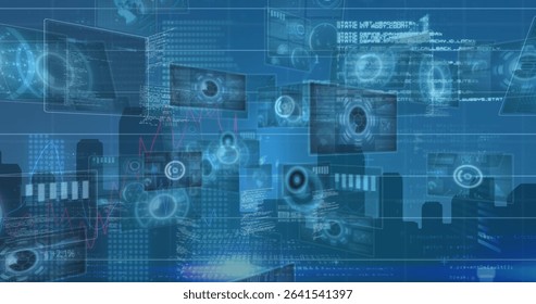 Displaying floating digital panels over blue city skyline, with scanning icons and code snippets. Technology, innovation, data, cybersecurity, digital, analytics, futurism