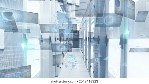 Displaying floating holographic screens over data center corridor with server racks and cable trays. Technology, innovation, digital, futuristic, industrial, cloud computing, cybersecurity