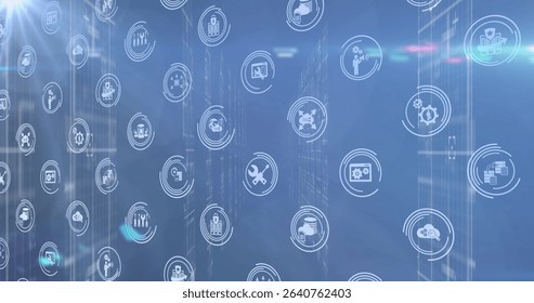 Displaying floating icons overlaying server racks, with cloud chart and security symbols. Technology, data, innovation, digital, cybersecurity, infrastructure, network