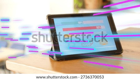 Displaying folio tablet on cafe table with progress bars, percent labels and magenta cyan streaks. Device, screen, glitch, neon, overlay, wooden, warmth