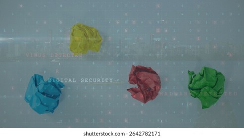 Displaying four paper balls in yellow blue red green on digital code overlay, with security alerts. Cybersecurity, data protection, technology, encryption, digital environment, innovation, urban