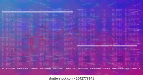 Displaying futuristic interface on computer screen, showing code columns and red wireframe skyline. Futuristic, digital, interface, data visualization, technology, neon, cyber