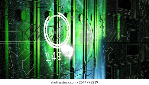 Displaying gauge showing numeric display 149 on control center screen, with globe over map grid. Futuristic, technology, digital, data visualization, urban, interface, high-tech - Powered by Shutterstock - Get 15% off with code: PIKWIZARD15