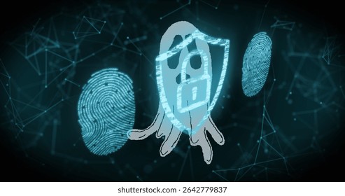 Displaying ghost icon guarding virtual node mesh, with padlock shield and biometric scans. Cybersecurity, digital, security, encryption, technology, protection, network
