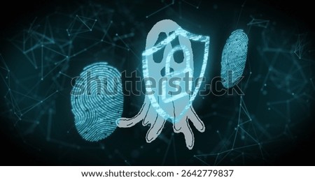 Displaying ghost icon guarding virtual node mesh, with padlock shield and biometric scans. Cybersecurity, digital, security, encryption, technology, protection, network