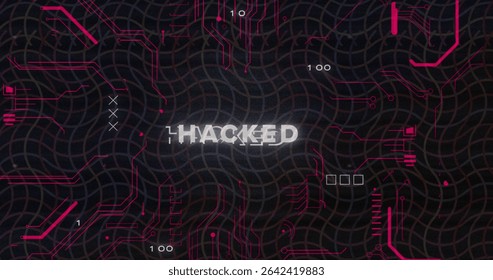 Displaying glitchy HACKED text on screen with neon pink circuitry, curved grid lines, scan markers. Cybersecurity, digital, futuristic, technology, innovation, matrix, network