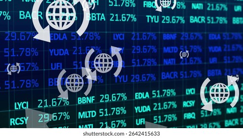Displaying globe icon cluster rotating over dark digital grid display, with ticker symbols. Digital, technology, futuristic, networking, innovation, data, analytics