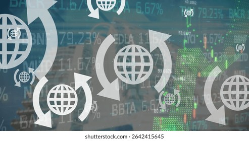 Displaying globe icons encircled by arrows floating over skyline, with candlestick charts, tickers. Globalization, connectivity, finance, trading, technology, urban, digital