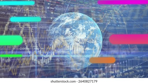 Displaying globe overlaying market data on trading interface, with candlestick charts and tickers. Globalization, data visualization, digital analytics, financial technology, economic trends,