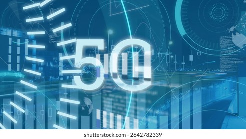 Displaying glowing 5G over highway at night, holographic charts, HUD network lines and light trails. Futuristic, technology, urban, data, digital, connectivity, innovation - Powered by Shutterstock - Get 15% off with code: PIKWIZARD15