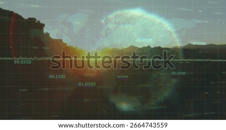 Displaying glowing data sphere over mountain silhouette, sun, world map grid, data line, copy space. Analytical, futuristic, minimalist, technology, innovation, digital, exploration