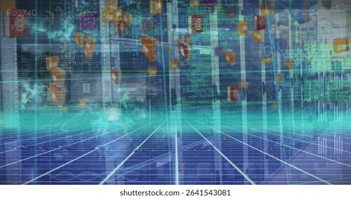 Displaying glowing grid environment extending through virtual space with app icons and data pillars. Futuristic, digital, immersive, high-tech, data, virtual, abstract