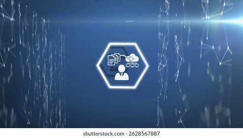 Displaying glowing hexagon frame enclosing user icon, data icons in digital tunnel, with lens flare. Futuristic, technology, connectivity, digital, cyber, innovation, network - Powered by Shutterstock - Get 15% off with code: PIKWIZARD15