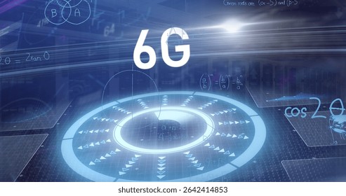 Displaying glowing holographic circular interface over dark blue grid, with large white 6G text. Futuristic, technology, digital, interface, holographic, innovation, network - Powered by Shutterstock - Get 15% off with code: PIKWIZARD15