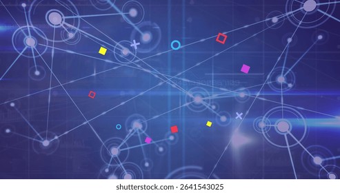 Displaying glowing nodes linking white lines, colored shapes, lens flare in virtual data network. Technology, connection, innovation, digital, futuristic, visualization, circuitry
