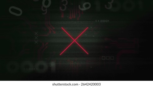 Displaying glowing red X symbol pulsing on dark interface, with binary digits and circuit traces. Futuristic, technology, digital, cybersecurity, interface, minimalistic, cybernetic