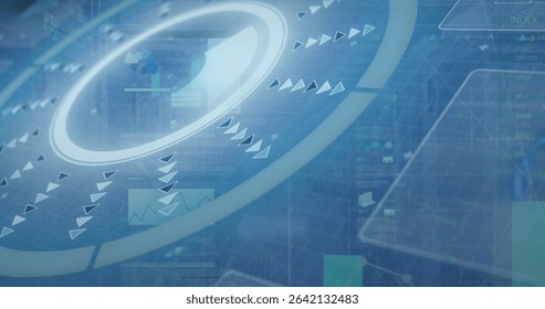 Displaying glowing ring radiating triangular arrow icons over virtual dashboard, with data panels. Technology, innovation, analytics, futuristic, digital, interface, data visualization