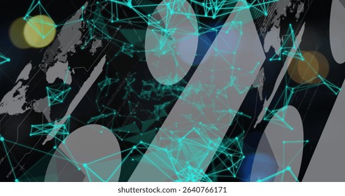 Displaying glowing turquoise network nodes on grey map interface with yellow-blue lens flares. Technology, innovation, connectivity, cybersecurity, data, communication, digital