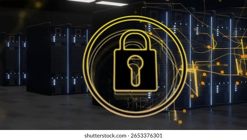 Displaying glowing yellow padlock icon within rings in server room with abstract network lines. Cybersecurity, digital, technology, protection, connectivity, innovation, security