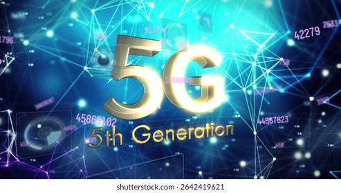 Displaying gold 5G featuring 5th Generation subtitle in digital network with nodes and data floats. Technology, innovation, connectivity, communication, abstract, digital, futuristic