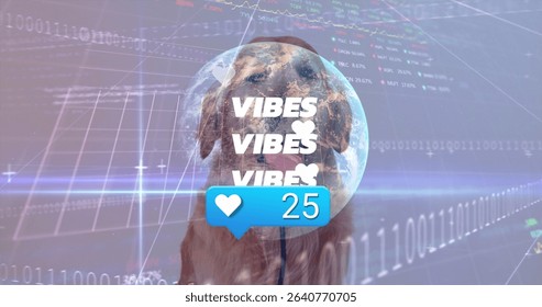 Displaying golden retriever in interface wearing globe overlay with code streams and heart icon 25. Technology, innovation, digital, futuristic, virtual, data, connection