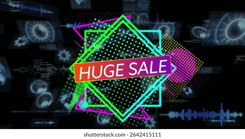 Displaying gradient huge sale banner in futuristic interface, with neon shapes and code overlays. Vibrant, futuristic, geometric, holographic, digital, neon, technology - Powered by Shutterstock - Get 15% off with code: PIKWIZARD15
