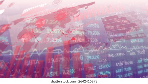 Displaying graphic merging health and financial data on screen with world map, charts, virus icons. Infographic, analytics, technology, digital, global, business, corporate