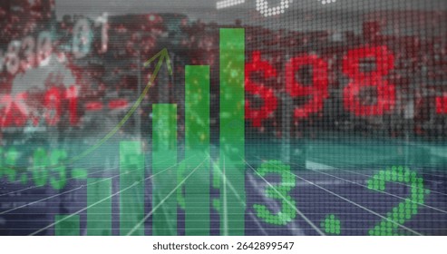 Displaying green bar chart rising with arrow over trading screen, indicating market momentum. Financial, data, visualization, digital, analytics, technology, investment