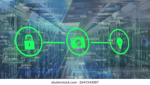 Displaying green camera icon over server room corridor with server racks floating buzzwords. Technology, cybersecurity, infrastructure, digital, networking, innovation, data