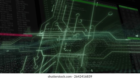 Displaying green circuit network overlay in cyber interface with data streams, code and UI borders. Technology, cybersecurity, data visualization, digital environment, cybernetic, network analysis,