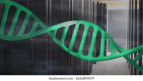 Displaying green DNA helix twisting across data corridor, with network cables, rack-mounted servers. Technology, data, digital, innovation, cybersecurity, network, infrastructure