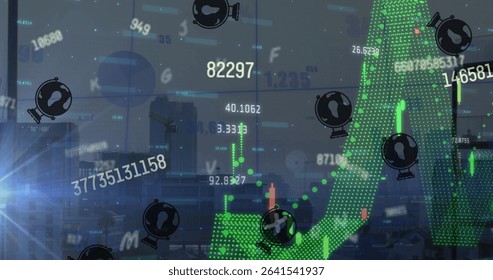 Displaying green dotted arrow over city skyline at dusk, with candlestick bars and financial values. Urban, technology, data visualization, finance, innovation, analytics, investment