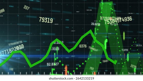 Displaying green line graph fluctuating on financial dashboard with 3D columns and floating numbers. Analytics, finance, data, visualization, technology, investment, market
