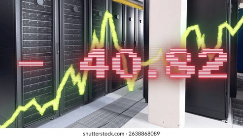 Displaying green line graph with red numeric overlay over black cabinets in data center corridor. Technology, infrastructure, cybersecurity, data storage, industrial, digital, futuristic