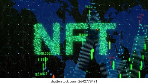 Displaying green NFT letters on world map dashboard, with candlestick bars and numeric data series. Blockchain, cryptocurrency, finance, analytics, technology, investment, digital