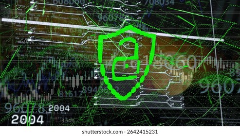 Displaying green shield with unlocked padlock overlaying dashboard, circuit traces and stock charts. Cybersecurity, digital, technology, innovation, protection, analytics, finance