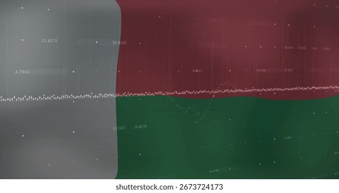 Displaying grey data panel on screen, with white dotted trend line and red green background. Analytics, dashboard, infographic, interface, technology, progress, metrics