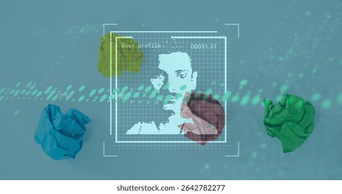 Displaying grid overlay showing silhouette and ID on turquoise backdrop with data dots, paper balls. Technology, data, analysis, digital, futuristic, innovation, interface - Powered by Shutterstock - Get 15% off with code: PIKWIZARD15