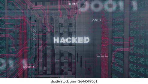 Displaying HACKED text over server racks in data center, with neon red circuitry and green code. Cybersecurity, technology, digital, futuristic, network, protection, data