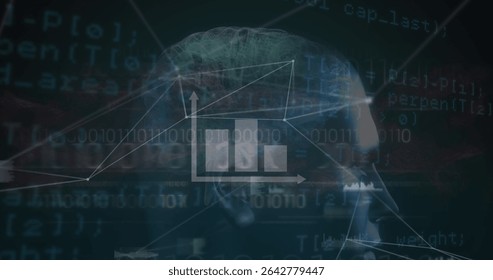 Displaying head profile pulsating in data environment, with neural network and binary code streams. Technology, data visualization, cybersecurity, artificial intelligence, digital innovation,