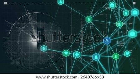 Displaying hexagonal icon nodes flowing data with glowing lines over grid on display, copy space. Technology, cybersecurity, data analytics, innovation, digital, visualization, abstract